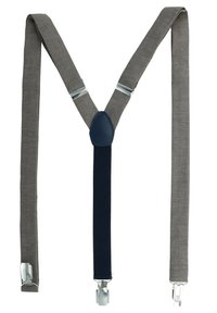 Gray fabric suspenders with navy elastic section, featuring silver metal clips and a leather accent at the center.