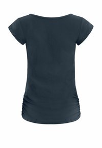 Dark navy T-shirt with short sleeves, rounded neckline, and gathered detail at the sides, made from soft, stretchy fabric.