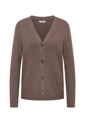 Brown ribbed cardigan made of soft fabric, featuring a V-neck, five buttons down the front, and long sleeves.