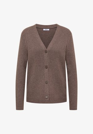 Brun ribstrikket cardigan lavet af blødt materiale, med V-hals, fem knapper foran og lange ærmer.