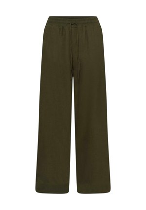 Olivgrüne Hosen mit weitem Bein, elastischem Bund und verstellbarem Kordelzugverschluss, gefertigt aus einem weichen, leichten Stoff.