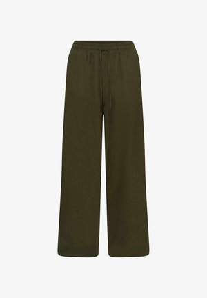 Pantalon kaki à jambes larges avec taille élastique et cordon de serrage ajustable, fabriqué en tissu doux et léger.