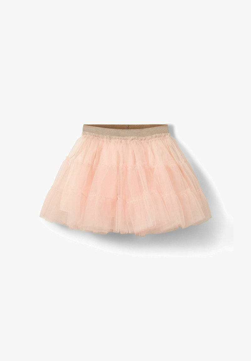Jupe en tulle rose pâle à plusieurs couches avec une ceinture élastique dorée, évasée et duveteuse, adaptée aux jeunes enfants.