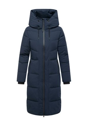 Cappotto puffer blu navy con cappuccio, dotato di chiusura frontale con zip, due tasche laterali e polsini a coste. Il materiale ha una finitura liscia.