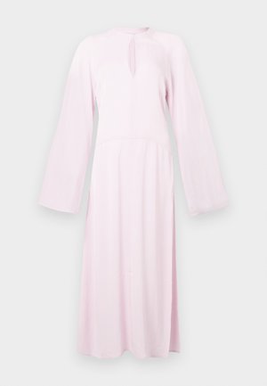 Light pink long-sleeve midi dress with a high neckline, front keyhole cutout, and loose flowing sleeves.