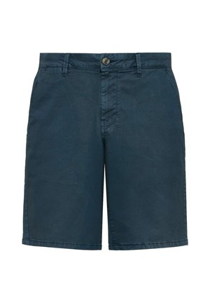 Granatowe szorty wykonane z gładkiego materiału. Posiadają zapięcie na guzik z przodu oraz dwie boczne kieszenie. Czysty design z prostym krojem nogawek.