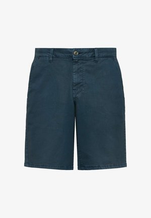 Granatowe szorty wykonane z gładkiego materiału. Posiadają zapięcie na guzik z przodu oraz dwie boczne kieszenie. Czysty design z prostym krojem nogawek.