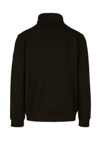 Schwarzer Pullover mit hohem Kragen, der ein strukturiertes geometrisches Muster und gerippte Bündchen aufweist. Hergestellt aus weichem, dickem Stoff.