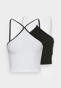 Dois tops crop num pacote: um branco com detalhes pretos, o outro preto com detalhes brancos. Apresenta alças finas cruzadas e é feito de tecido de algodão.