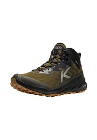 Black and olive green hiking shoe with a textured upper, grooved outsole, and reinforced toe cap. Features laces and additional branding accents.