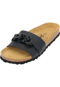 Infradito neri con ampia fascia decorata da catena, soletta in sughero e suola in gomma texturizzata per una migliore aderenza. Morbidezza del materiale della soletta.