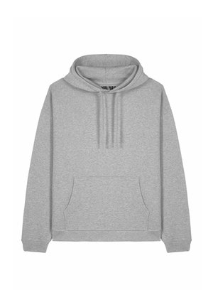 Felpa grigia realizzata in tessuto morbido, con cappuccio regolabile, tasca a marsupio frontale e polsini e orlo a coste. Design semplice senza pattern.