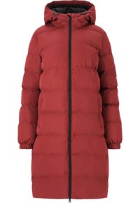 Rød pufferjakke med hætte, der har lynlås foran, elastiske manchetter og et kviltet design for isolering. Glat tekstur og længde til midten af låret.