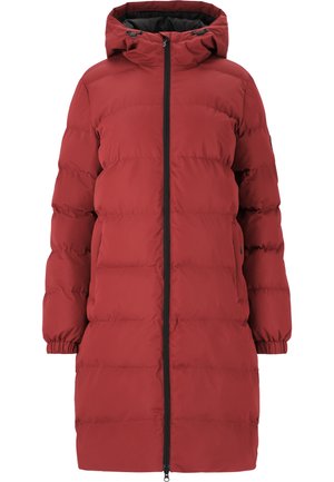 Red puffer coat with a hood, featuring a zip front, elastic cuffs, and a quilted design for insulation. Smooth texture and mid-thigh length.