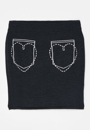 Black knitted skirt featuring white outlined heart-shaped pocket designs with dashed stitching. Elastic waistband for comfort.