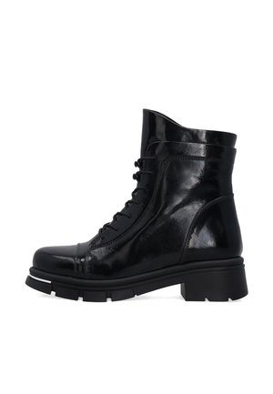 Schwarze Lederstiefeletten mit glänzender Oberfläche, runder Schuhspitze, Schnürverschluss und einer robusten, strukturierten Gummisohle. Besitzt minimale Nähdetails.