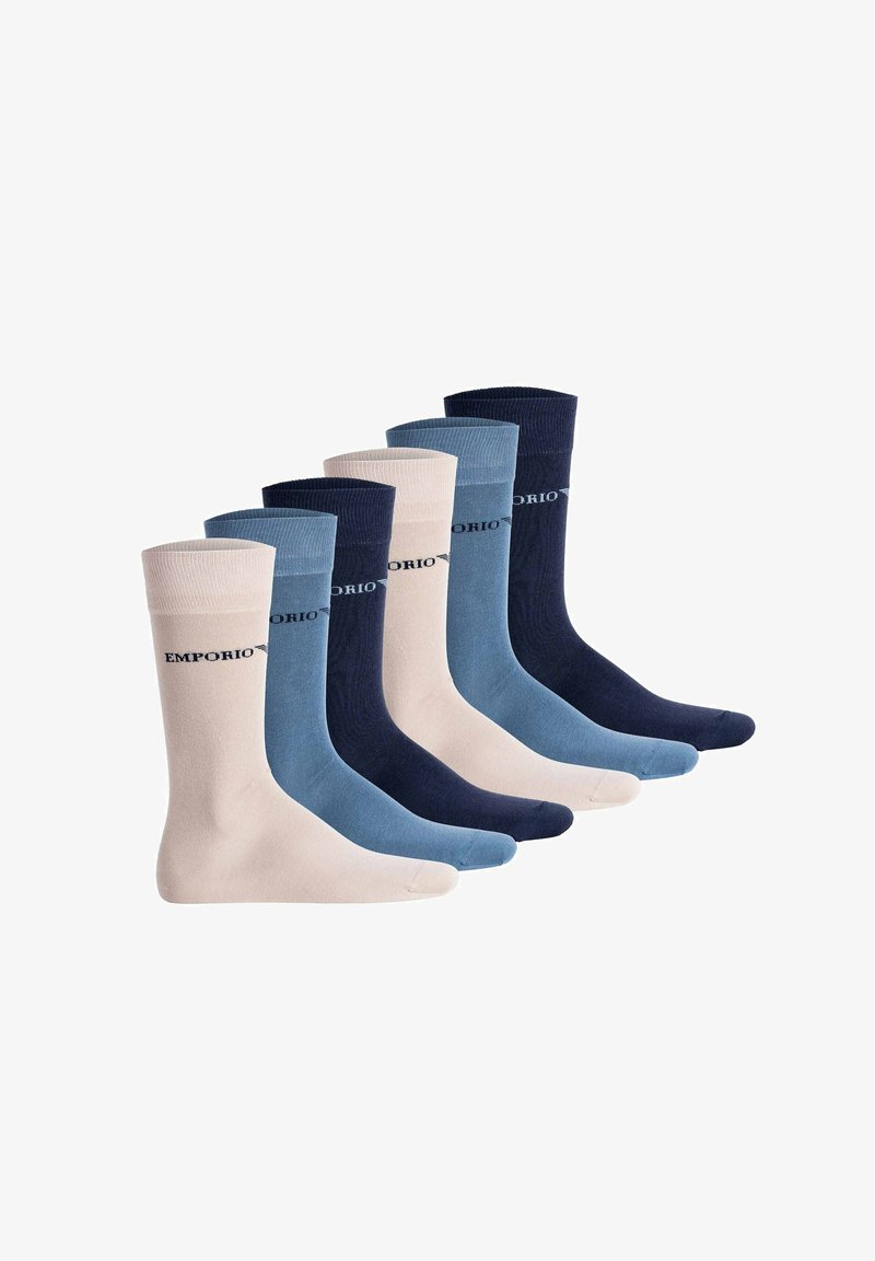 Six paires de chaussettes mi-mollet dans des couleurs alternées beige clair, bleu et marine, chacune avec le texte "EMPORIO" près du haut.