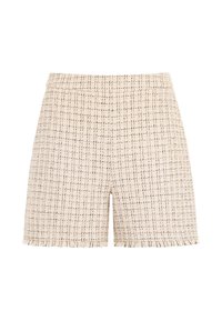 Korta tweedshorts i krämfärg med svart rutmönster. Fransad fåll och skräddarsydd passform. Slät textur med strukturerat midjeband.