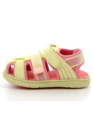 Sandali per bambini di colore giallo chiaro e rosa con cinturini regolabili, design con punta aperta e suola texturizzata per una migliore aderenza. Logo del marchio sul lato.