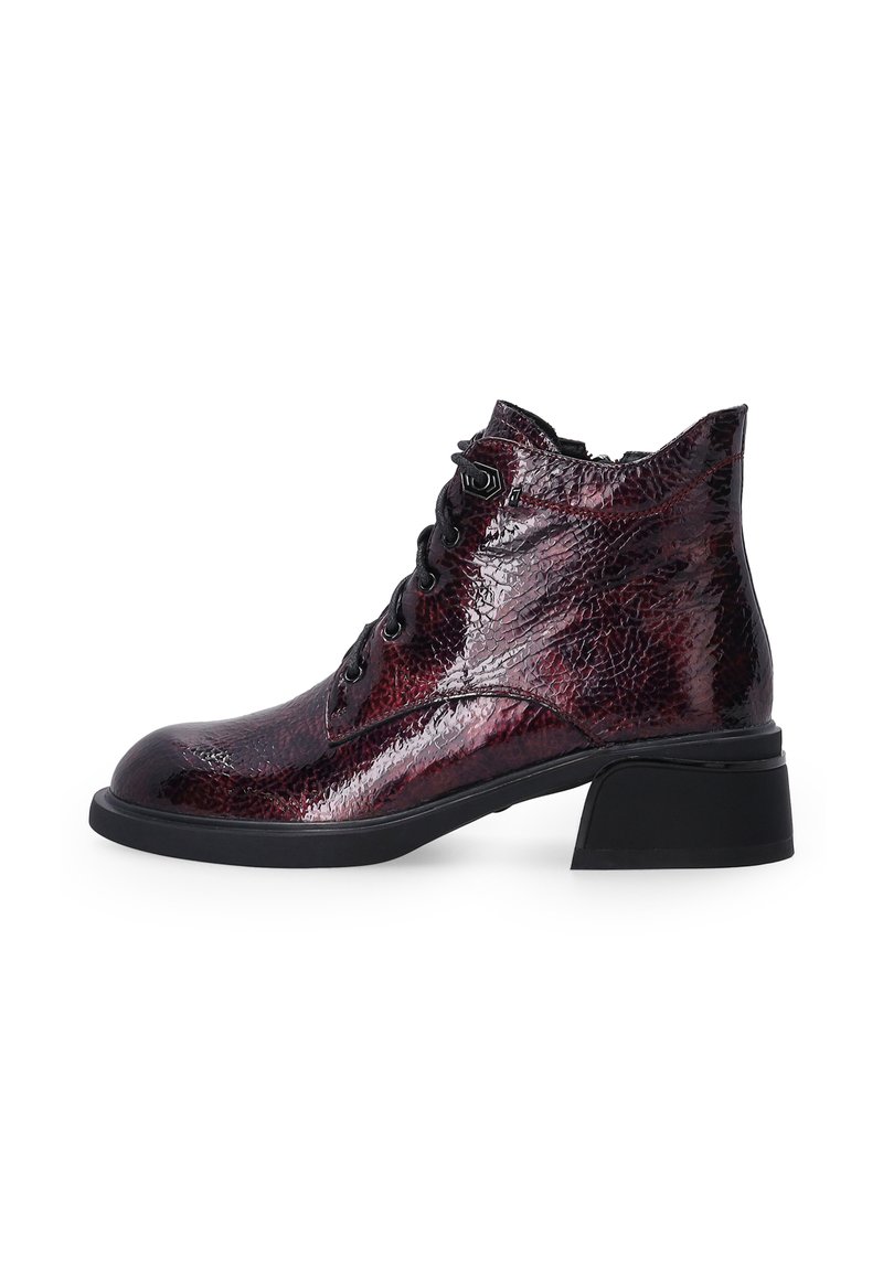 Lace-up ankle boots in burgundy cracked leather with a textured finish, a rounded toe, and a low, chunky black heel.
