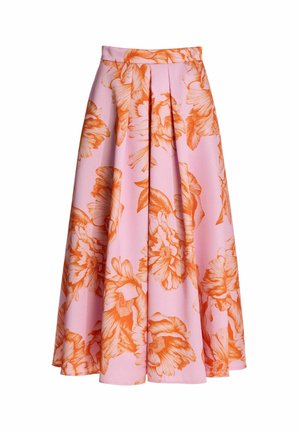 Pink A-line midi skirt with large orange floral prints and front pleats, made of smooth fabric.