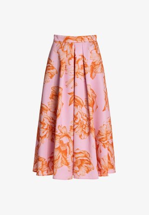 Rosa A-Linien-Midi-Rock mit großen orangen Blumenmotiven und Vorderfalten, aus glattem Stoff gefertigt.