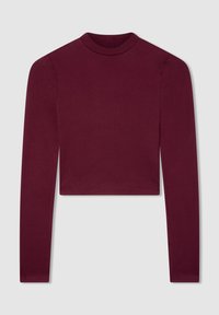 Top corto bordeaux a maniche lunghe realizzato in tessuto liscio, con scollatura alta e design aderente, caratterizzato da cuciture minime e senza decorazioni.