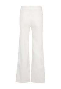Pantalons larges blancs en tissu doux, avec une taille mi-haute, deux poches arrière et des bas ourlés. Idéal pour une tenue décontractée.