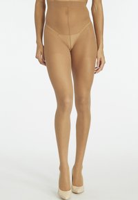 Nude Shapewear-Strumpfhosen mit hoher Taille, glatter Textur und halbtransparenter Oberfläche, kombiniert mit nude-farbenen High Heels.