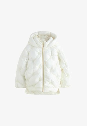 Balta pūkainā jaka ar kapuci, ar izšūtu dizainu, ar rāvējslēdzēju un dekoratīvām šuvēm. Gluda, spīdīga auduma tekstūra.