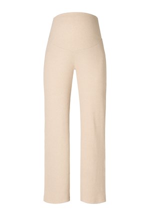 Beige weite Hosen mit einem hohen, gerippten Bund. Gefertigt aus einem weichen, strukturierten Stoff mit glattem Finish und ohne sichtbare Verzierungen.