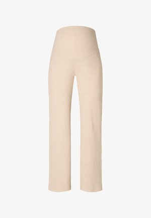 Beige wijde broek met een hoge, geribbelde tailleband. Gemaakt van een zachte, gestructureerde stof met een gladde afwerking en zonder zichtbare versieringen.