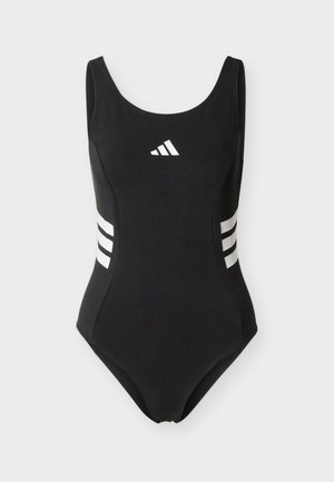 Μαύρο ολόσωμο μαγιό με λευκό λογότυπο Adidas στο στήθος και τρεις λευκές ρίγες σε κάθε πλευρά, αμάνικο με στρογγυλή λαιμόκοψη.