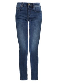 Chudé džínsy vyrobené z tmavomodrého denimu, s vysokým pásom, prednými a zadnými vreckami a klasickým zapínaním na gombík a zips.