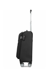 Zwarte harde koffer met gestructureerde oppervlakte, uitschuifbare aluminium handgreep, vier draaibare wielen en een combinatie slot voor veiligheid.