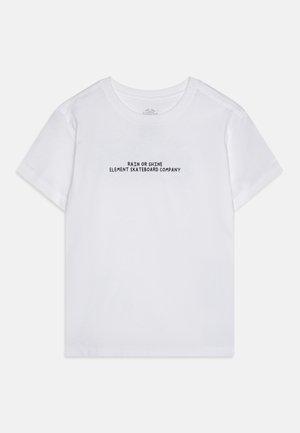 White cotton t-shirt with short sleeves, featuring black text "RAIN OR SHINE ELEMENT SKATEBOARD COMPANY" printed on the front.