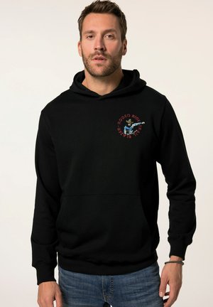 Black hoodie made of cotton blend, featuring a front pocket and a round logo with red text and a design on the left chest.