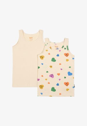 Dwa topy na ramiączkach: jeden w jednolitym beżowym kolorze, drugi kremowy z wielokolorowymi serduszkami i uśmiechniętymi buźkami. Wykonane z miękkiej bawełny, z szerokimi ramiączkami.