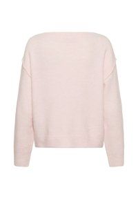 Roosa, kudumisky with relaxed lõike, lai kaelus ja pikad varrukad. Pehme tekstuur ja lühike ääre. Ei ole nähtavaid mustreid ega aksessuaare.