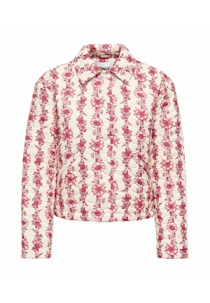 Balta sieta jaka ar garām piedurknēm, ar sprādzēm un vertikālu rozā ziedu rakstu visā virsmā.