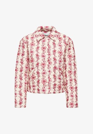 Balta sieta jaka ar garām piedurknēm, ar sprādzēm un vertikālu rozā ziedu rakstu visā virsmā.