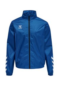Veste de sport bleue avec fermeture éclair noire, logo colibri blanc sur le côté gauche de la poitrine et bandes blanches en forme de chevrons sur les deux manches.