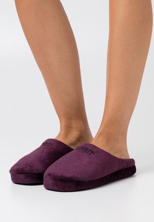Pieds portant des chaussons en velours violet avec des semelles surélevées sur un fond blanc.
