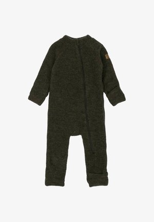 Tuta in lana verde a maniche lunghe, con zip completa e polsini. Texture morbida, design minimalista e un piccolo patch logo marrone sulla manica.