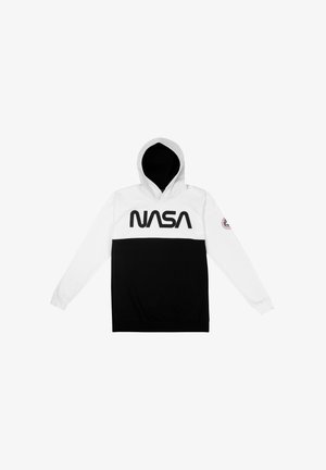 Felpa con cappuccio caratterizzata da una parte superiore bianca con un grande logo nero "NASA" e da una sezione inferiore nera, realizzata in tessuto morbido con polsini a costine.