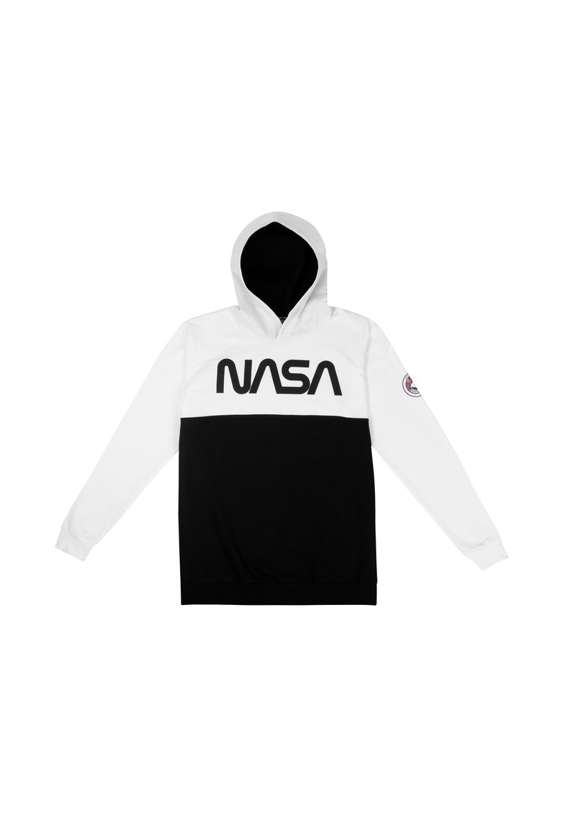 Felpa con cappuccio caratterizzata da una parte superiore bianca con un grande logo nero "NASA" e da una sezione inferiore nera, realizzata in tessuto morbido con polsini a costine.