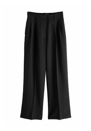 Black wide-leg trousers with a pleated front, featuring a smooth texture, belt loops, and a loose fit for comfort.