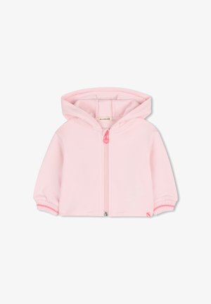 Pink zip-up hoodie in soft fabric, featuring a lined hood, ribbed cuffs with pink stripes, and a heart-shaped zipper pull.