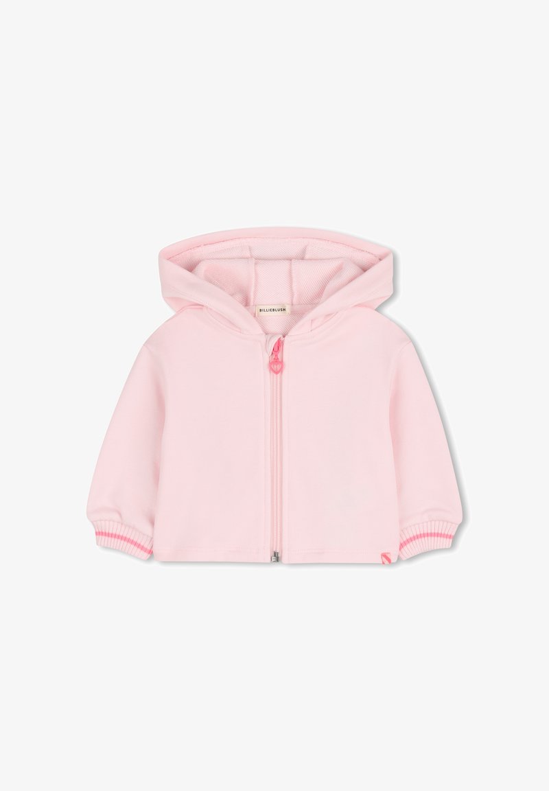 Sweat à capuche zippé rose en tissu doux, avec une capuche doublée, des poignets côtelés avec des rayures roses et un tirette de fermeture éclair en forme de cœur.