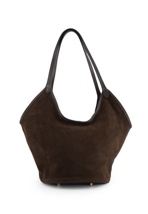 Brown suede tote bag with dark leather accents, wide opening, and two sturdy handles. Features gold-tone hardware at the base.